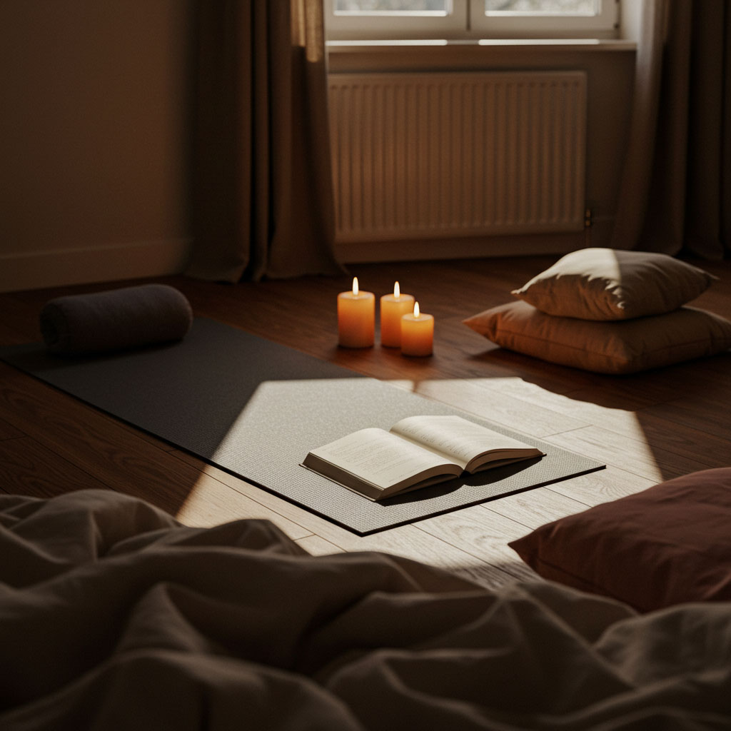 Un espace relaxant dans la chambre avec des bougies allum&eacute;es et un tapis de yoga avec un journal.