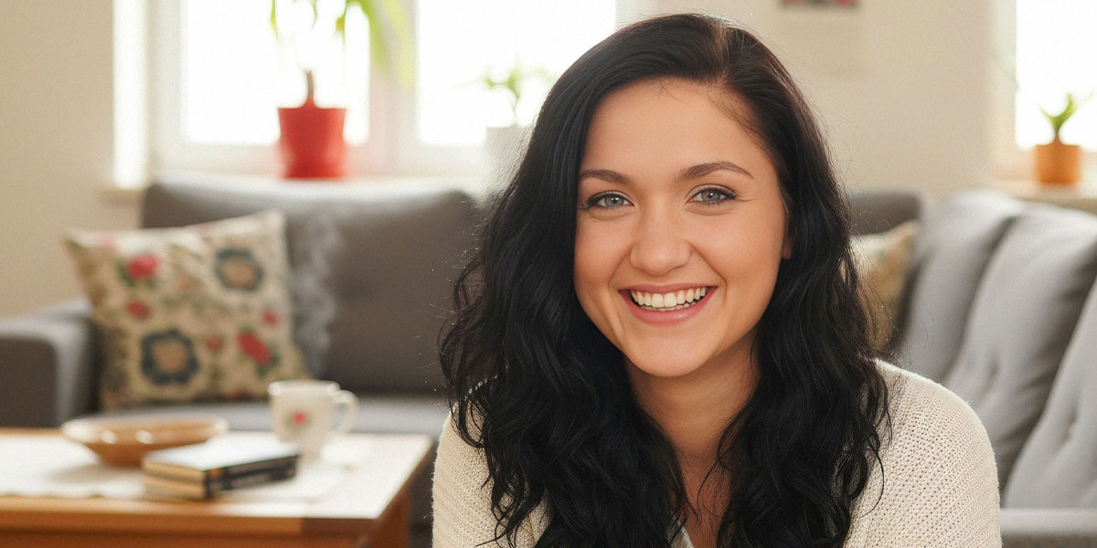 Anita dans son salon, elle aime pratiquer l'&eacute;tirement des l&egrave;vres.