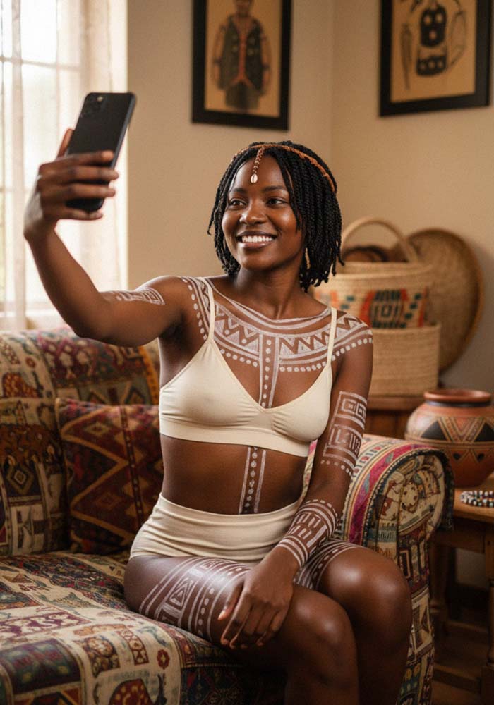 African woman in traditional Khoisan attire and body paint taking a modern selfie, symbolizing cultural pride and the blending of heritage with digital self-expression.