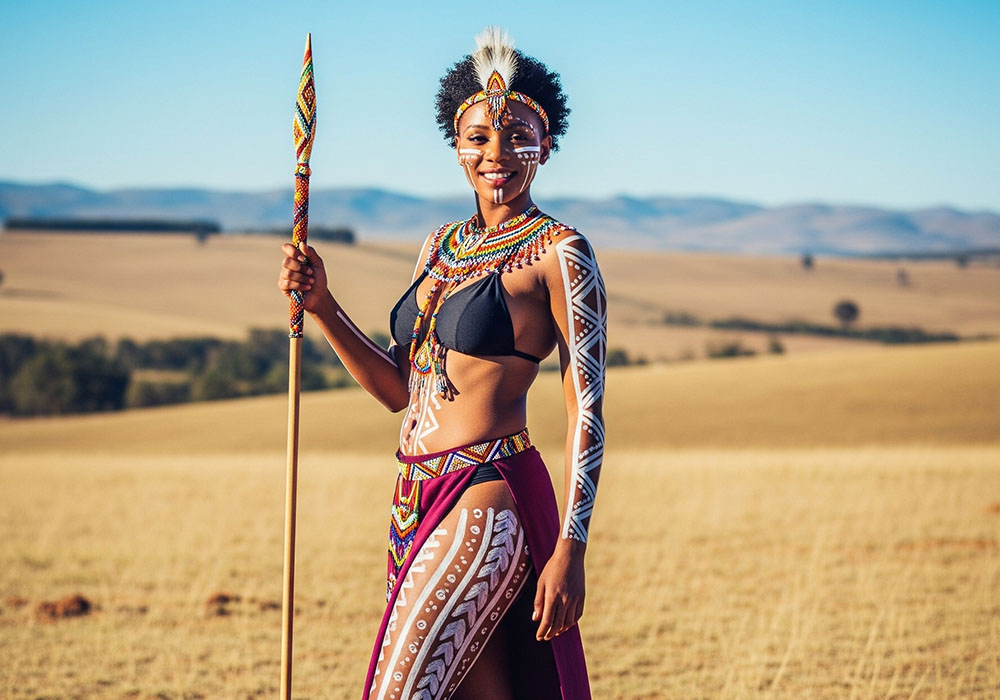 Mujer africana moderna de pie en un paisaje árido.
