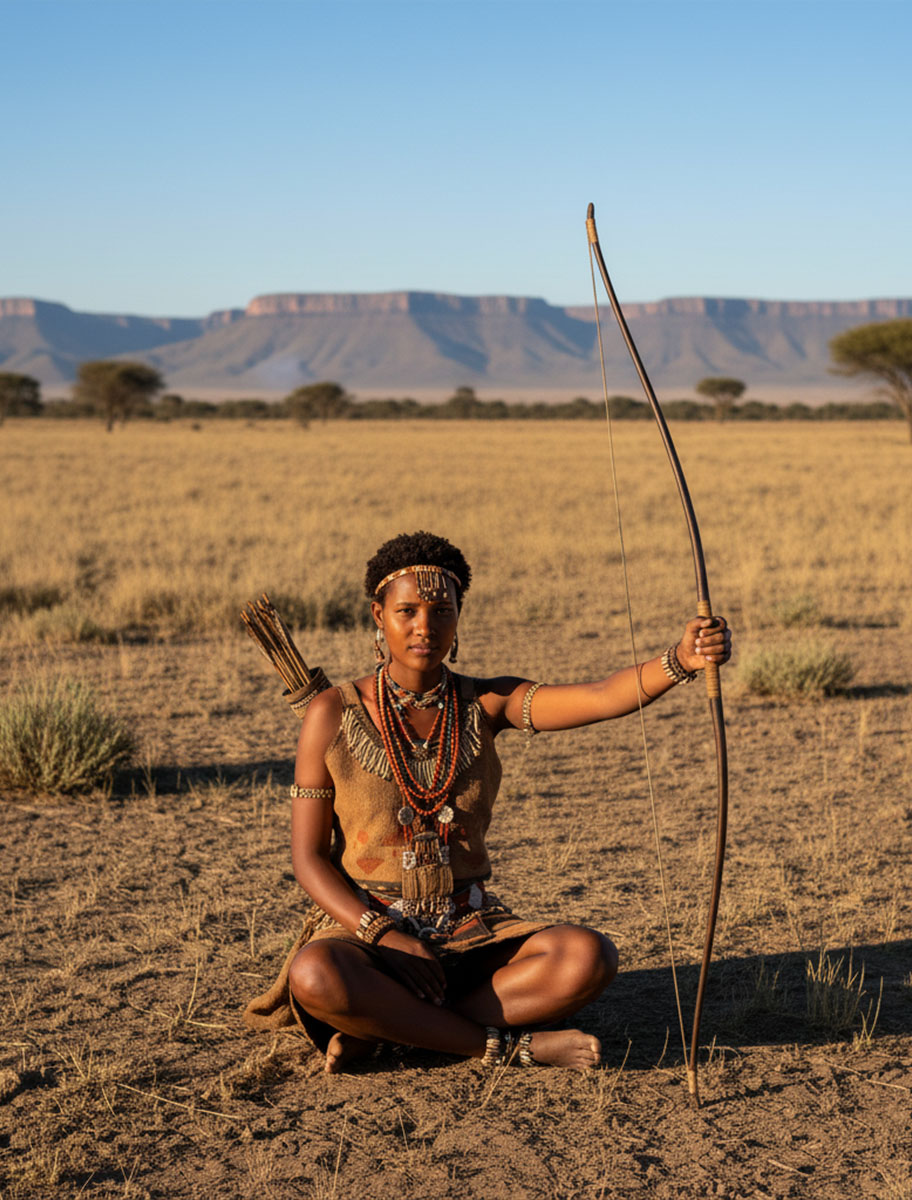 Una mujer khoisan de unos 20 a&ntilde;os sentada en el suelo sosteniendo su arco.