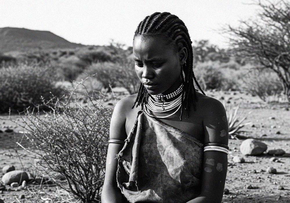 Mwanamke wa Khoisan akiketi kwenye jangwa kame akitazama chini, picha ya kihistoria.