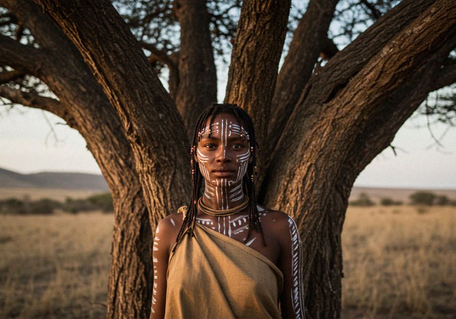 Mujer Khoisan frente a un árbol, tu contribución a la Galería de Estiramiento Labial