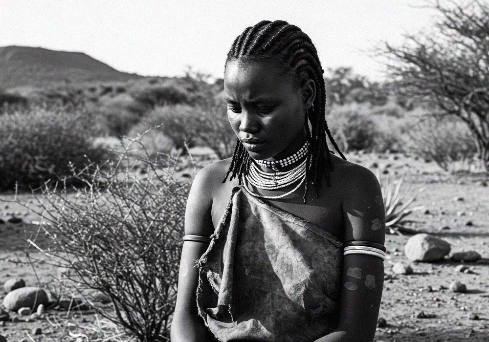 Khoisan-Frau sitzend in der trockenen Wüste nach unten blickend, historisches Bild.